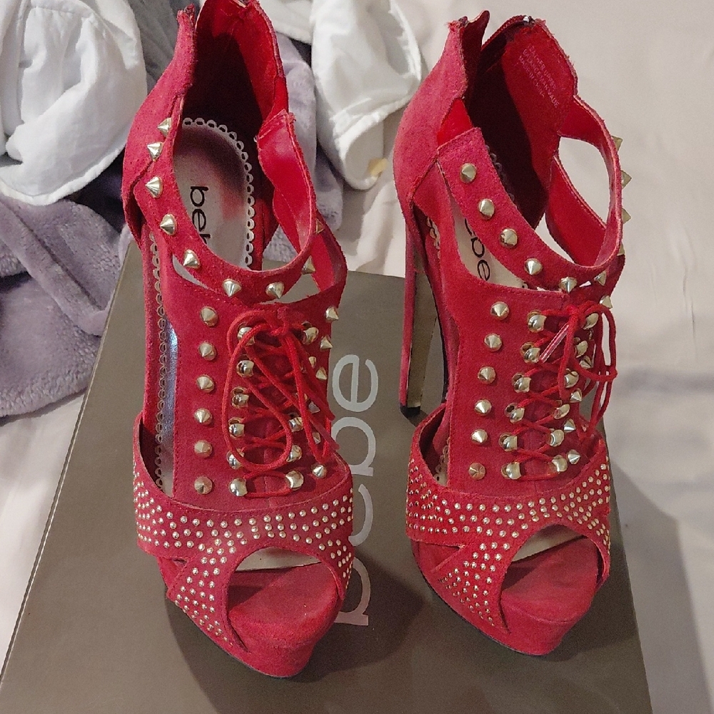 Bebe Red Studded Suede Women's Heels